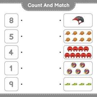 Count and match, count the number of Helmet, Gloves, Cap Hat, Volleyball, Sneaker and match with the right numbers. Educational children game, printable worksheet, vector illustration