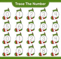 Trace the number. Tracing number with Christmas Sock. Educational children game, printable worksheet, vector illustration