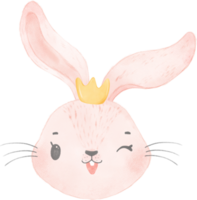 cute rabbit bunny face head wearing crown  watercolor png