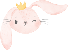 cute rabbit bunny face head wearing crown  watercolor png