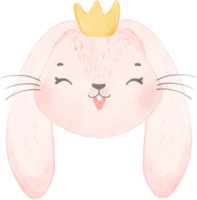 cute rabbit bunny face head wearing crown  watercolor png