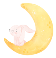 cute baby bunny rabbit on the crescent moon watercolor png