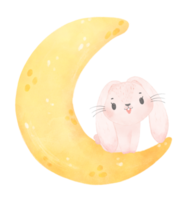 cute baby bunny rabbit on the crescent moon watercolor png