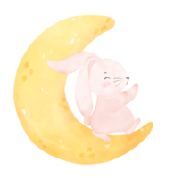 mignon bébé lapin sur l'aquarelle du croissant de lune png