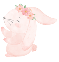 mignon bébé princesse douce lapin rose avec couronne florale aquarelle png