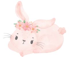 mignon bébé princesse douce lapin rose avec couronne florale aquarelle png