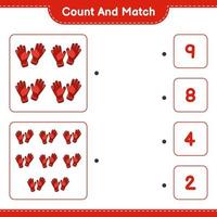 cuenta y empareja, cuenta el número de guantes de portero y empareja con los números correctos. juego educativo para niños, hoja de cálculo imprimible, ilustración vectorial vector