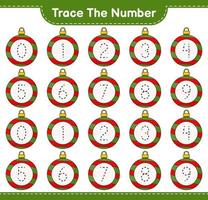 Trace the number. Tracing number with Christmas Ball. Educational children game, printable worksheet, vector illustration