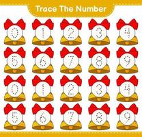 Trace the number. Tracing number with Christmas Bell. Educational children game, printable worksheet, vector illustration