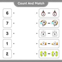 Count and match, count the number of Helmet, Shoes, Bowling Pin, Dumbbell, Punching Bag and match with the right numbers. Educational children game, printable worksheet, vector illustration