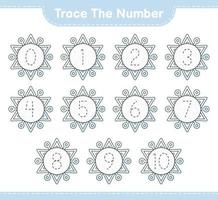 Trace the number. Tracing number with Snowflake. Educational children game, printable worksheet, vector illustration