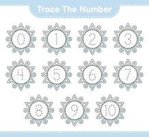 Trace the number. Tracing number with Snowflake. Educational children game, printable worksheet, vector illustration