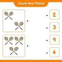 Count and match, count the number of Badminton Rackets and match with the right numbers. Educational children game, printable worksheet, vector illustration