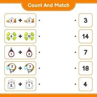 Count and match, count the number of Helmet, Shoes, Bowling Pin, Dumbbell, Punching Bag and match with the right numbers. Educational children game, printable worksheet, vector illustration