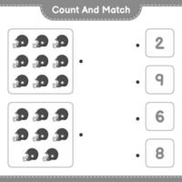 cuenta y empareja, cuenta el número de cascos de fútbol americano y empareja con los números correctos. juego educativo para niños, hoja de cálculo imprimible, ilustración vectorial vector