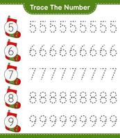 rastrear el número. número de rastreo con calcetín de navidad. juego educativo para niños, hoja de cálculo imprimible, ilustración vectorial vector
