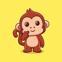 Cute monkey think of something cartoon vector icon illustration. animal nature icon concept isolated premium vector