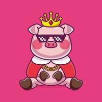 Cute king pig wearing glasses sitting cartoon vector icon illustration