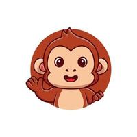 Cute monkey waving in round frame cartoon vector icon illustration. animal nature icon concept isolated premium vector