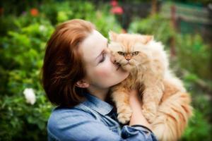 mujer joven con gato persa jugando foto