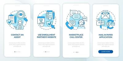 Applying for insurance ways blue onboarding mobile app screen. Policy walkthrough 4 steps graphic instructions pages with linear concepts. UI, UX, GUI template vector