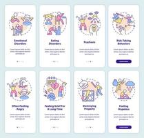 Teen wellbeing onboarding mobile app screen set. Stress-related disorders walkthrough 4 steps graphic instructions pages with linear concepts. UI, UX, GUI template vector