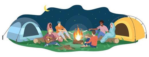 Friends sit by campfire flat vector illustration. Young tourists, campers cartoon characters. Students playing guitar, roast marshmallows. Night camping entertainment isolated on white background