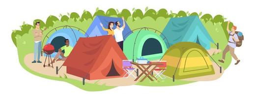 Camping festival flat vector illustration. Happy campers, tourists cartoon characters. Summer holiday leisure, seasonal outdoor picnic. Tent park, campground in forest isolated on white background