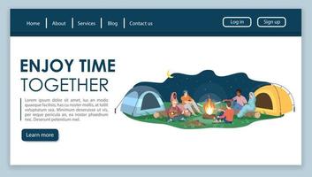 Camping trip landing page vector template. Outdoor travel website interface idea with flat illustrations. Tourism agency homepage layout. Friends sit by campfire. Web banner, webpage cartoon concept