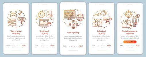 tipos de orientación plantilla de vector de pantalla de página de aplicación móvil de incorporación de degradado naranja. Pasos del sitio web del tutorial de publicidad dirigida con ilustraciones lineales. ux, ui, concepto de interfaz de teléfono inteligente gui