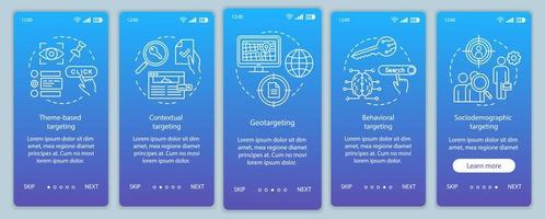 Targeting types blue gradient onboarding mobile app page screen vector template. Targeted advertising walkthrough website steps with linear illustrations. UX, UI, GUI smartphone interface concept