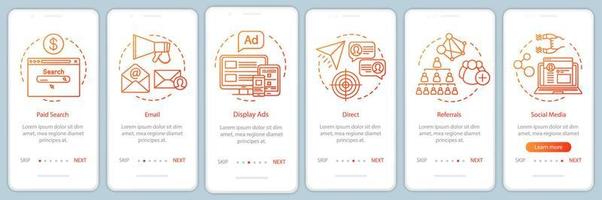 Marketing channels orange gradient onboarding mobile app page screen vector template. Ways of customer attraction walkthrough website steps with linear illustrations. UX, UI, GUI smartphone interface