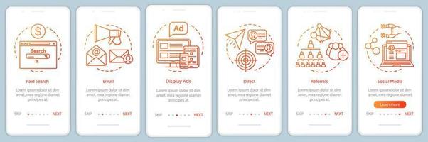 canales de marketing plantilla de vector de pantalla de página de aplicación móvil de incorporación de degradado naranja. formas de atracción de clientes paso a paso del sitio web con ilustraciones lineales. ux, ui, interfaz de teléfono inteligente gui