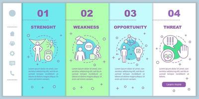 SWOT analysis onboarding mobile web pages vector template. Responsive smartphone website interface idea with linear illustrations. Webpage walkthrough step screens. Color concept