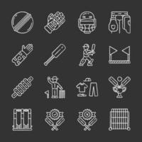 Cricket championship chalk icons set. Sport uniform, protective gear, game equipment. Outdoor athletic activity. Bat and ball team game. Match preparation. Isolated vector chalkboard illustrations