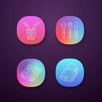 Zero waste kitchen cutlery app icons set. Reusable sandwich bag, glass drinking straw. Stainless steel tray. UI UX user interface. Web or mobile applications. Vector isolated illustrations..