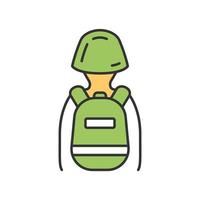 Game soldier with tactical backpack color icon. Virtual video game equipment. Player with game inventory back view. Warrior, soldier in helmet and rucksack. Cybersport. Isolated vector illustration