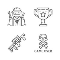 Online game inventory linear icons set. Esports, cybersports equipment. Soldier, winning cup, weapon, game over. Thin line contour symbols. Isolated vector outline illustrations. Editable stroke