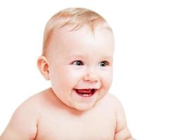 Cute happy baby laughing on white photo