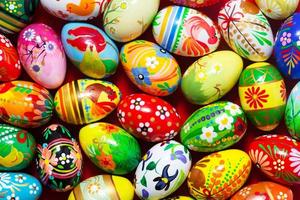 Handmade Easter eggs background. Spring patterns art, unique. photo
