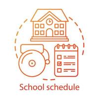 School schedule organization concept icon. Educational plan idea thin line illustration. Schoolhouse, bell and notepad with notes vector isolated outline drawing. Student time management