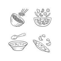 Organic food linear icons set. Rice, vegetables, eggs. Salad, soup, omelett. Restaurant menu. First, second course. Thin line contour symbols. Isolated vector outline illustrations. Editable stroke
