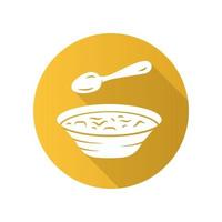 icono de glifo de sombra larga de diseño plano de sopa. tazón y cuchara, utensilios de cocina. plato de sopa humeante caliente. primera comida. dieta saludable. comida nutritiva. bistró, restaurante, menú de cafetería. ilustración de silueta vectorial vector