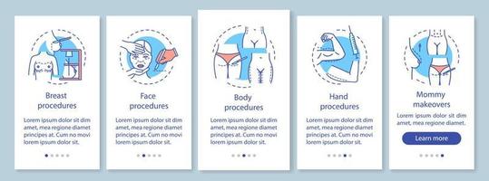 Plastic surgery center procedures onboarding mobile app page screen with linear concepts. Five walkthrough steps graphic instructions. UX, UI, GUI vector template with illustrations