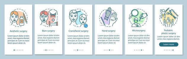 Plastic surgery sub-specialties onboarding mobile app page screen with linear concepts. Six walkthrough steps graphic instructions. UX, UI, GUI vector template with illustrations