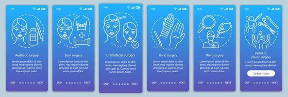 Plastic surgery categories onboarding mobile app page screen vector template. Aesthetic surgery. Walkthrough website steps with linear illustrations. UX, UI, GUI smartphone interface concept