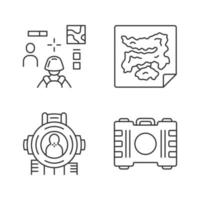 Online game inventory linear icons set. Esports, cybersports equipment. Map, container, shooting aim, 3d shooter. Thin line contour symbols. Isolated vector outline illustrations. Editable stroke