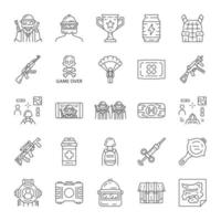 Online game inventory linear icons set. Online multiplayer battle royale. Esports equipment. Computer game tools.Thin line contour symbols. Isolated vector outline illustrations. Editable stroke