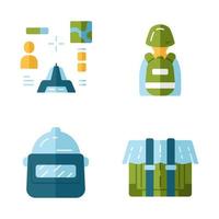Online game inventory flat design long shadow color icons set. Esports. Game equipment. Safety helmet, package, container, shooter from first person, tactical backpack. Vector silhouette illustrations