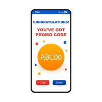Getting promo code page smartphone interface template. Win discount, special offer, gift card mobile app design layout. Coupon code application flat UI. Ecoupon, digital vaucher screen. Phone display vector